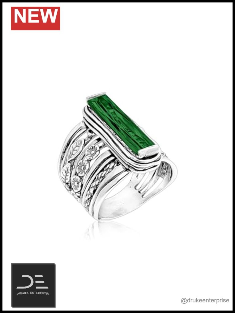 925 Sterling Silver Baguette CZ Floral Vintage Statement Ring